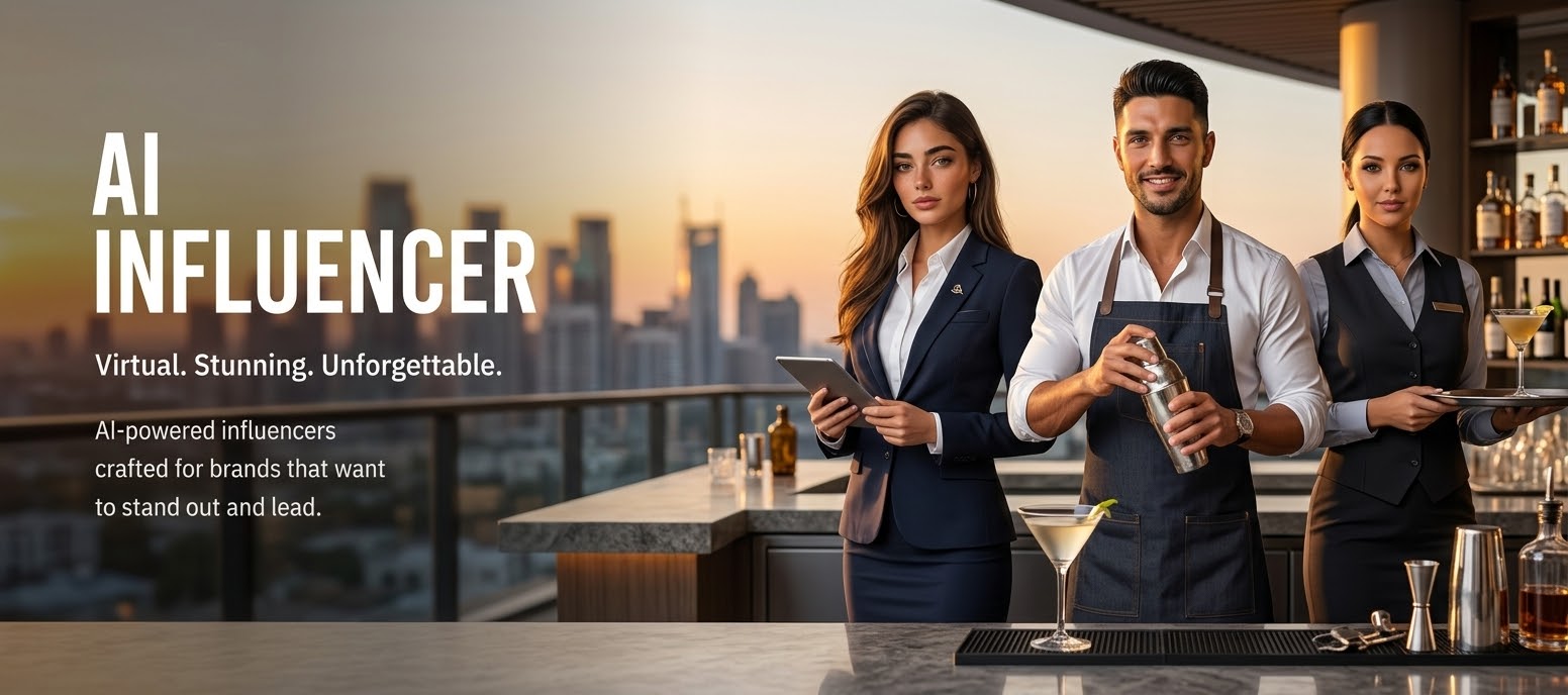 AI-generated hospitality staff at a rooftop bar