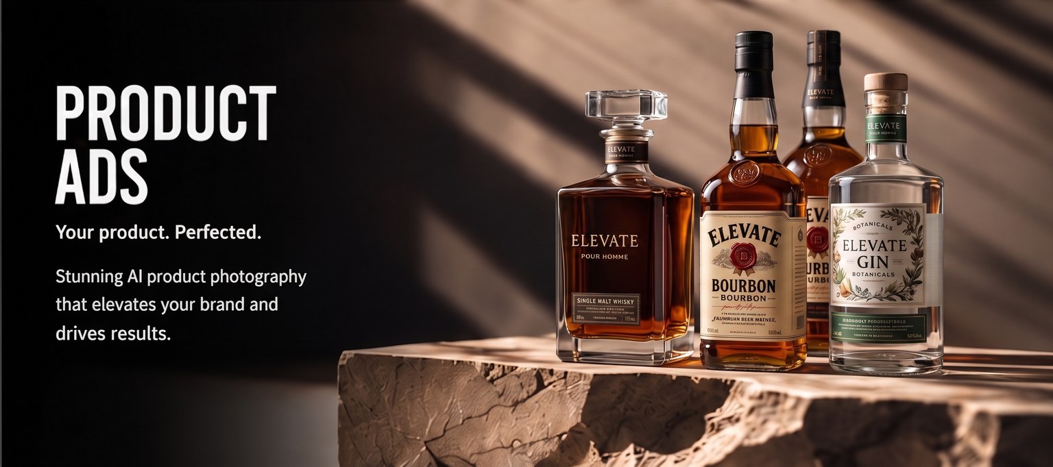 AI-generated product photography of premium spirit bottles
