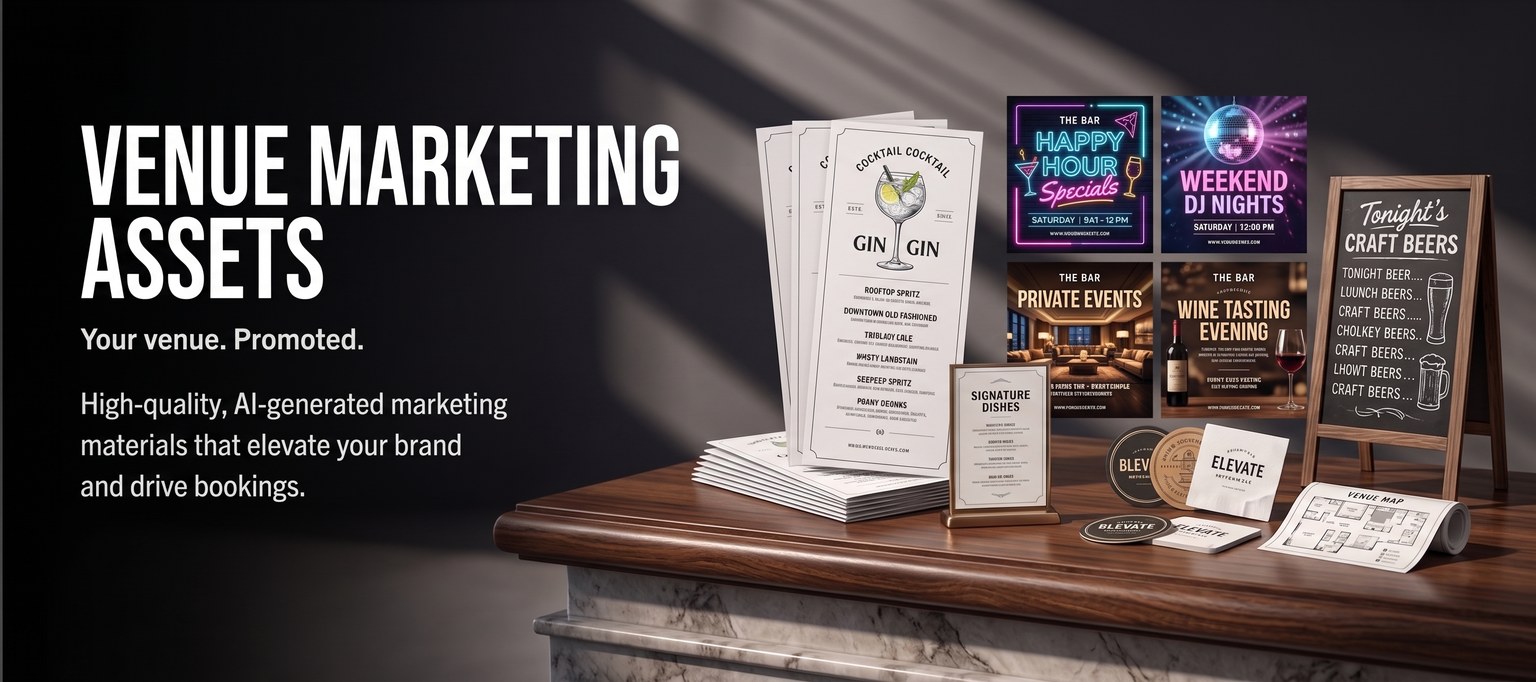 AI-generated venue marketing collateral — menus, flyers, and signage